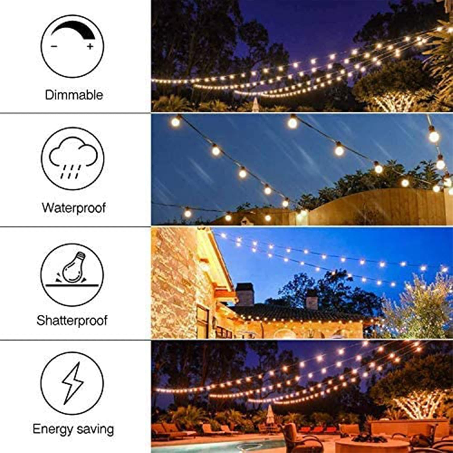 Banord LED 24 Foot Solar Powered String Lights with Vintage Style Waterproof, Shatterproof Plastic Bulbs for Exterior Decoration and Outdoor Use