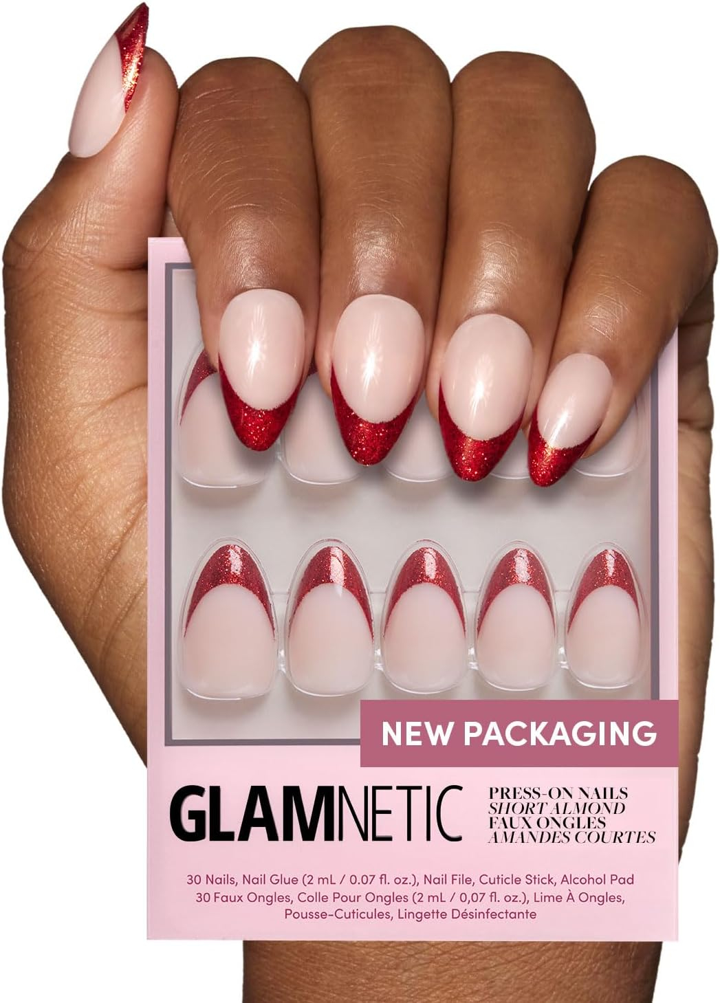 Glamnetic Press-On Nails – Red Affair | Sparkly Red French Tip Nails, Reusable, 30 Count