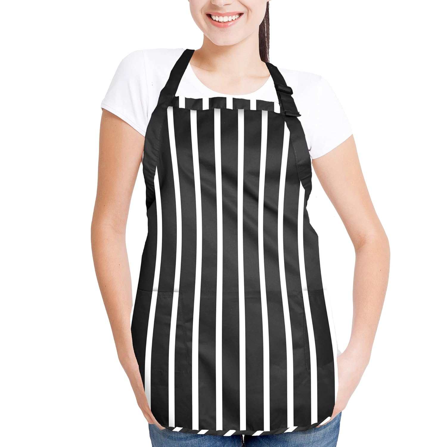 DALIX Apron Commercial Restaurant Home Bib Spun Poly Cotton Kitchen Aprons (2 Pockets) in Striped Black
