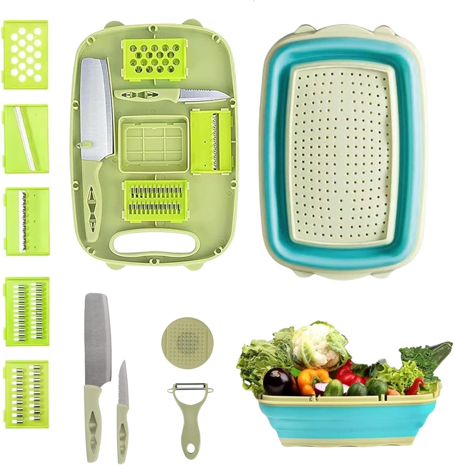 R&M HOME Green Plastic Multi-Functional Folding Cutting Board, 9-in-1 with Grating, Chopping, Slicing, Cutting, and Washing Functions for Vegetables and Fruits, Knife-Safe, Perfect for Kitchen.
