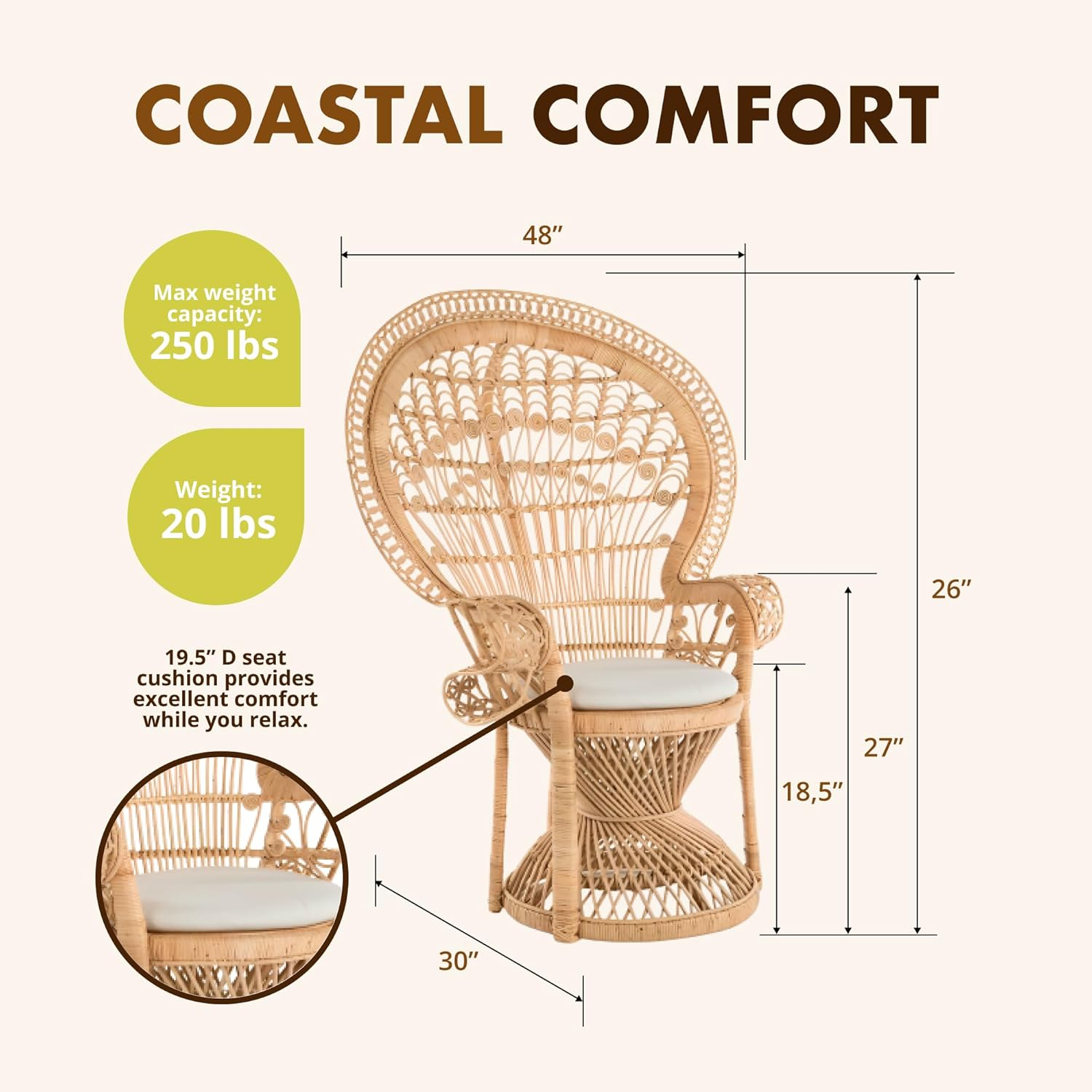 KOUBOO Peacock Grand Peacock Chair, Rattan Chair, Handmade, Accent Chair, Vintage, Retro, Boho, Furniture, Sunroom, Natural