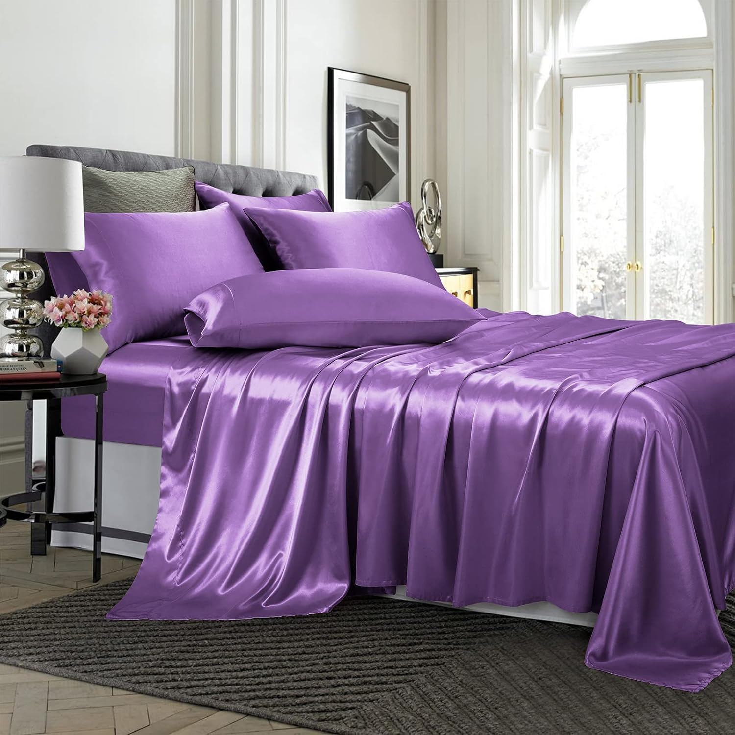 Hight Thread Count Solid Color Soft Silky Charmeuse Satin Luxury and Super Soft Bed Sheet Set (Purple, Queen)