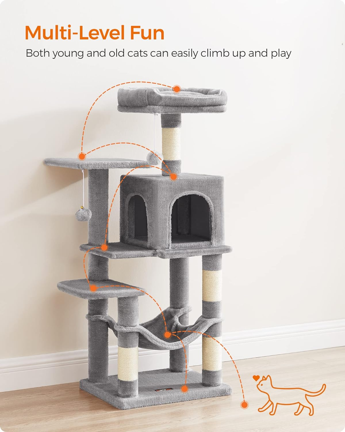 Cat Tree, 44.1" Cat Tower for Indoor Cats, Multi-Level Cat Condo with 4 Scratching Posts, 2 Perches, Hammock, Cave, Light Gray