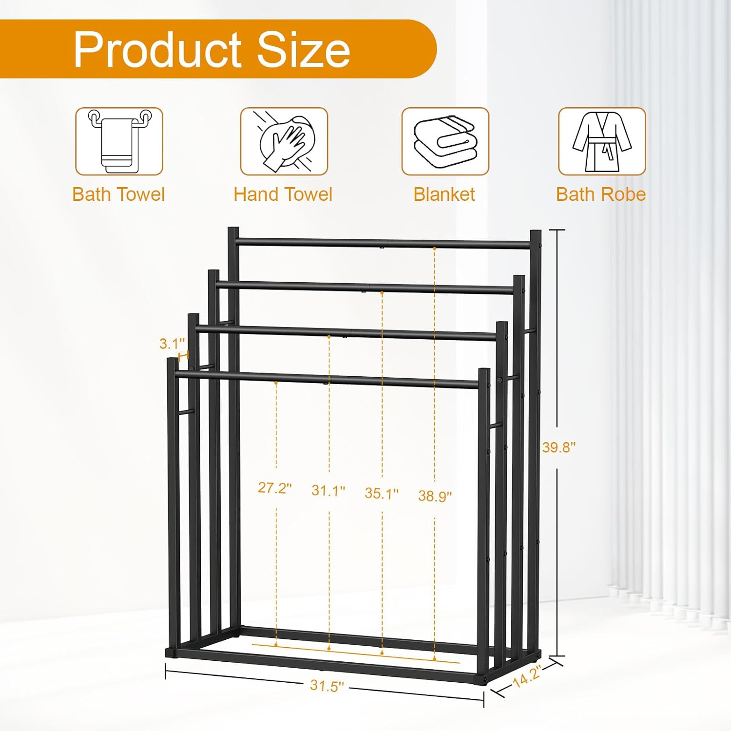 Honiter Towel Racks for Bathroom, 4 Tier Wide Towel Drying Rack Outdoor, Free Standing Towel Rack, Pool Towel Blanket Stand and Display Rack for Oversized Bath Towels