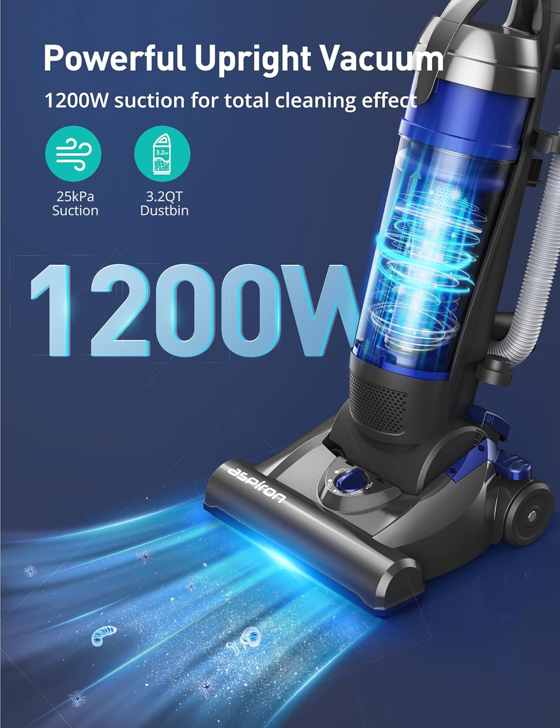 Upright Vacuum Cleaner, Aspiron 1200W 25kPa 5-Mode Bagless Vacuum Cleaner with Crevice Tool & Extension Wand,3L Dust Cup with HEPA Filter, Upright Vacuum for Carpet, Pet Hair,Hard Floor,Tile Particles