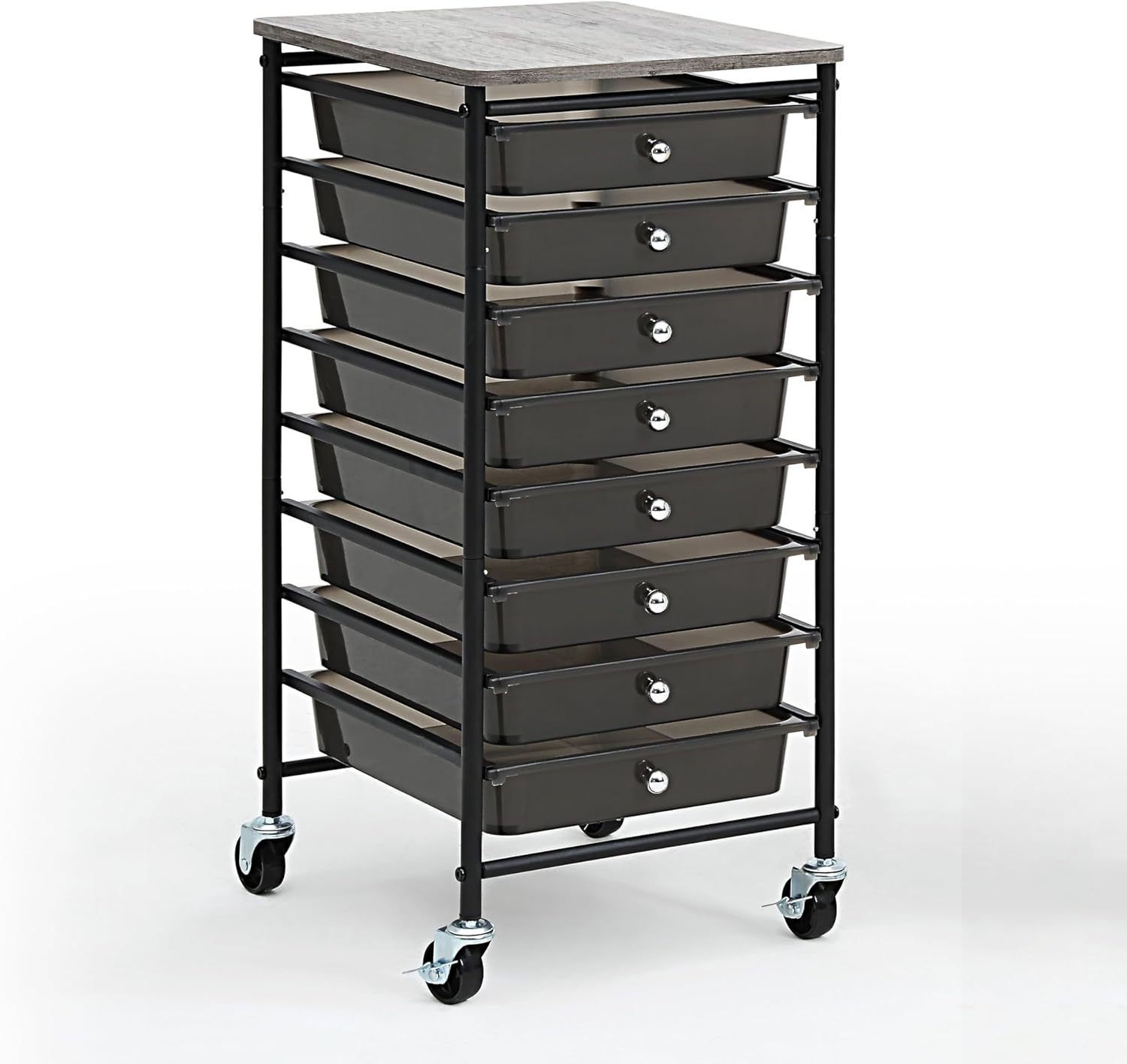 Compact Black Metal and Wood Rolling Storage Cart with 8 Drawers
