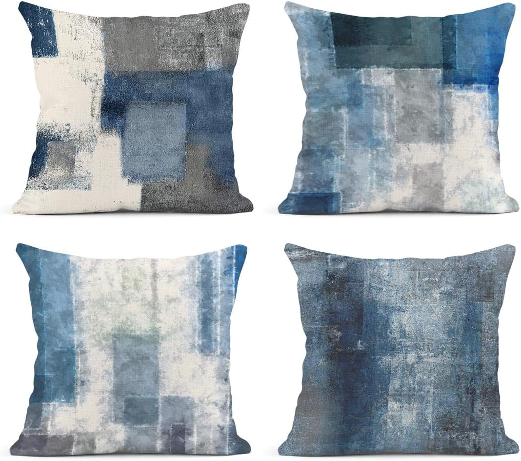 Emvency Set of 4 Throw Pillow Covers Blue and Grey White Modern Abstract Artwork Contemporary Decorative Gray Cushion Sofa Bedroom Car Decor Pillow Cases Home Square 16x16 Inches Pillowcases