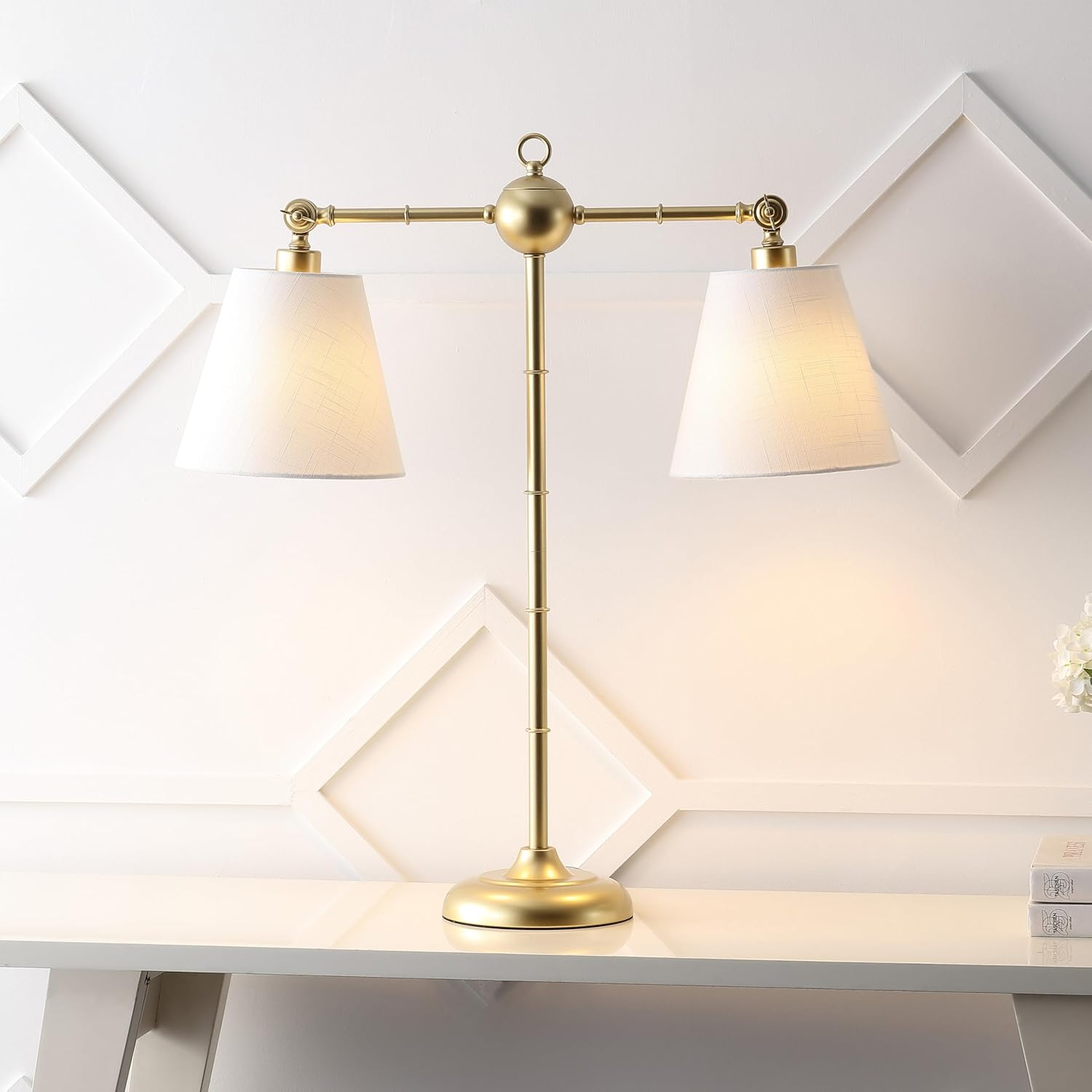 Gold Adjustable Dual White Shade Library Table Lamp