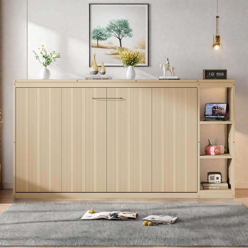 SOFTSEA Modern Murphy Bed Cabinet Bed with Bookshelf, Full Size Foldable Platform Bed Frame with Storage Racks, for Home Guest Room Small Room, Natural