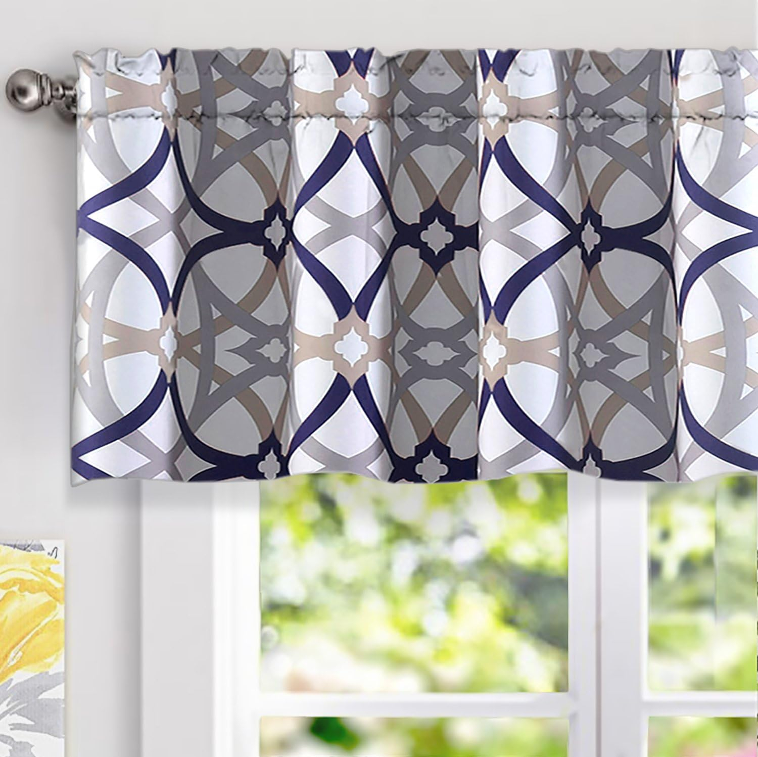 DriftAway Alexander Spiral Geo Trellis Pattern Window Curtain Valance Rod Pocket 52 Inch by 18 Inch Plus 2 Inch Header Navy and Gray 1 Pack