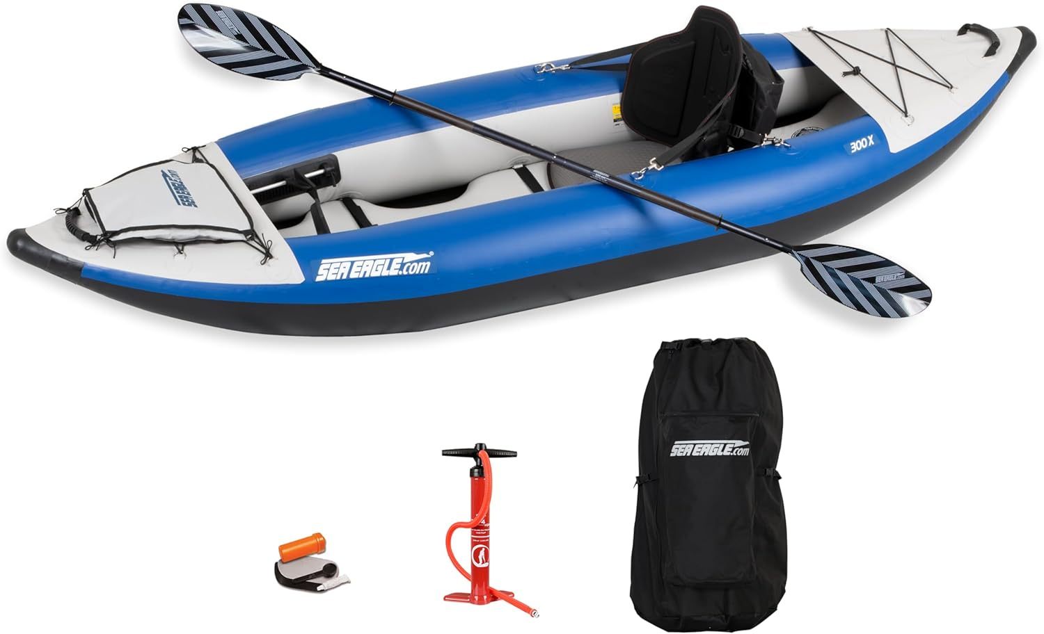 Sea Eagle 300X Explorer Touring, Camping, Fishing & Whitewater Inflatable Kayak, 1 Person, Lightweight, Self-Bailing, High Pressure Drop Stitch Floor -W/Paddle, Seat, SUP Pump, Skeg - Pro Package
