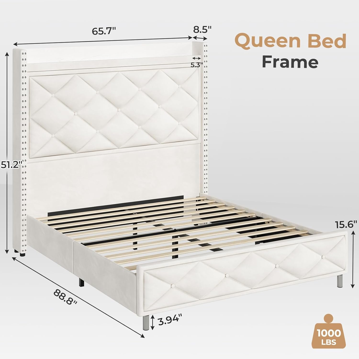 Beige Velvet Queen Bed Frame with Tall Lighted Headboard and Storage