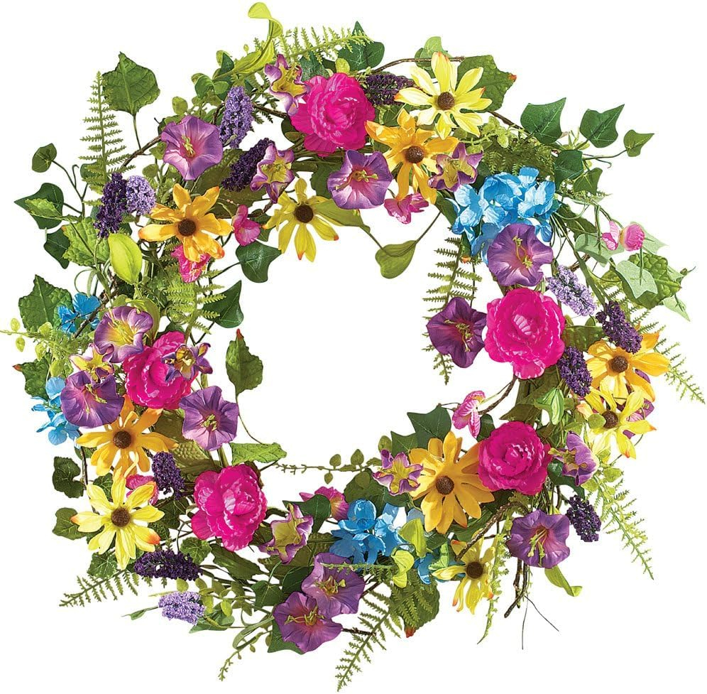 Collections Etc Colorful 17" Mixed Floral Spring Summer Wreath with Yellow Daisies