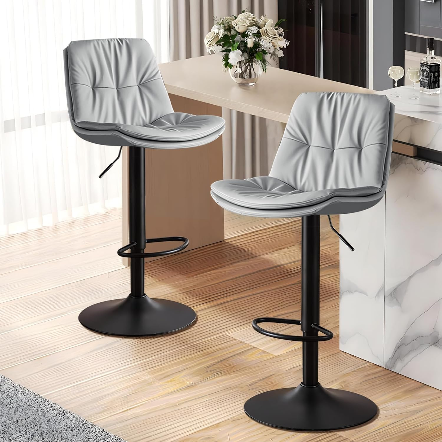 Bar Stools Set of 2, Adjustable Swivel Bar Chairs with 360° Rotation, Padded Counter Stools with Back and Footrest for Kitchen Island, Bistro, Cafe, and Home Use Black2
