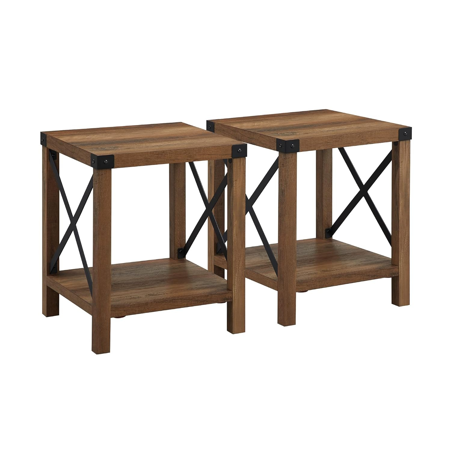 White Oak and Metal Farmhouse End Table with Lower Shelf