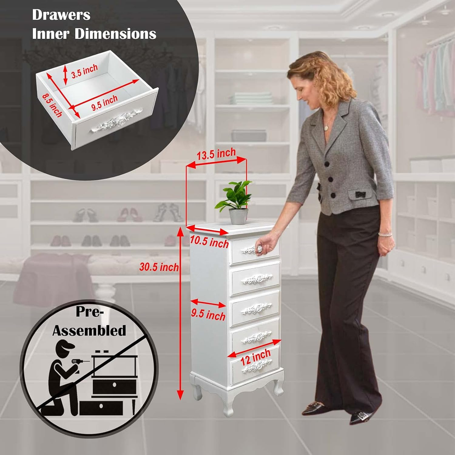 Fully Assembled White Lingerie Dresser, Tall Skinny Chest, Wood Nightstand for Bedroom, Girls Dresser, Antique Furniture, Baby Nursery Storage, Free Standing Jewelry Organizer with Queen Anne Legs