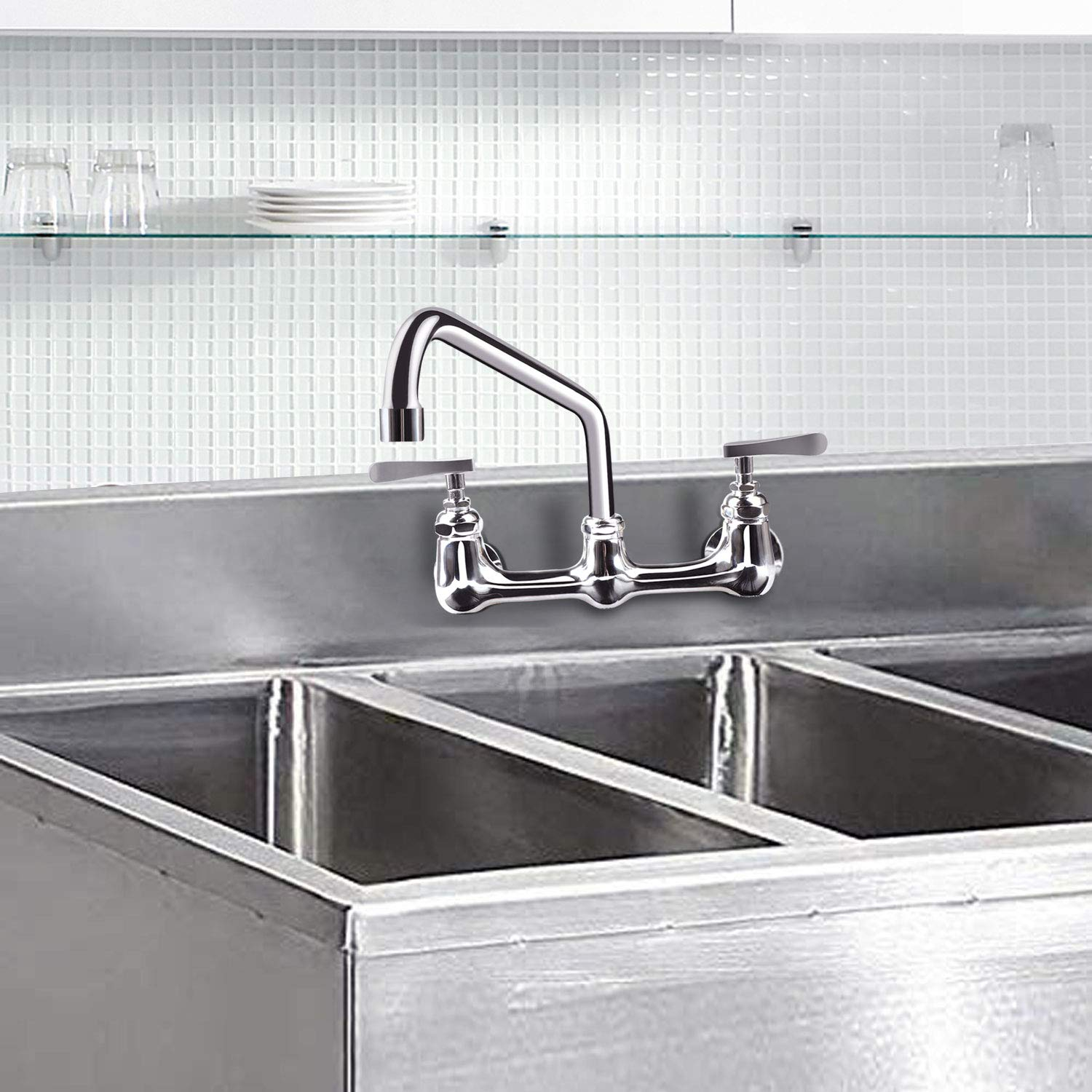 KWODE Swivel Swing Nozzle Spout 12 Inch Replacement Kit for Commercial Kitchen Sink Faucet Stainless Steel Add-on Spout Fits for 2 or 3 Bay Compartment Sinks, Chrome Finish (M25*1.25mm)