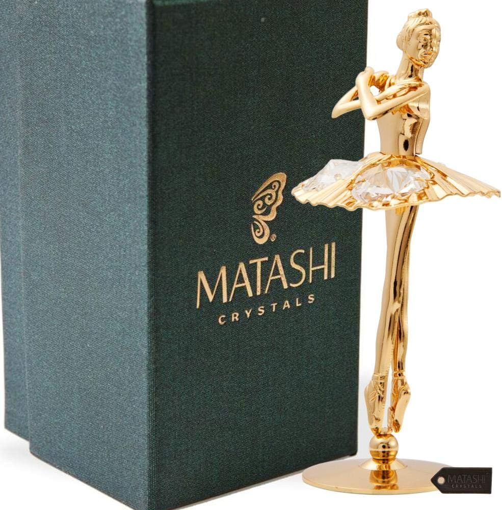 Matashi 24K Gold Plated Ballerina Figurine with Arms Crossed - Crystal Studded Tabletop Decoration Thoughtful Gift for Mom, Wife, or Girlfriend on Christmas, Valentine’s & Mother’s Day