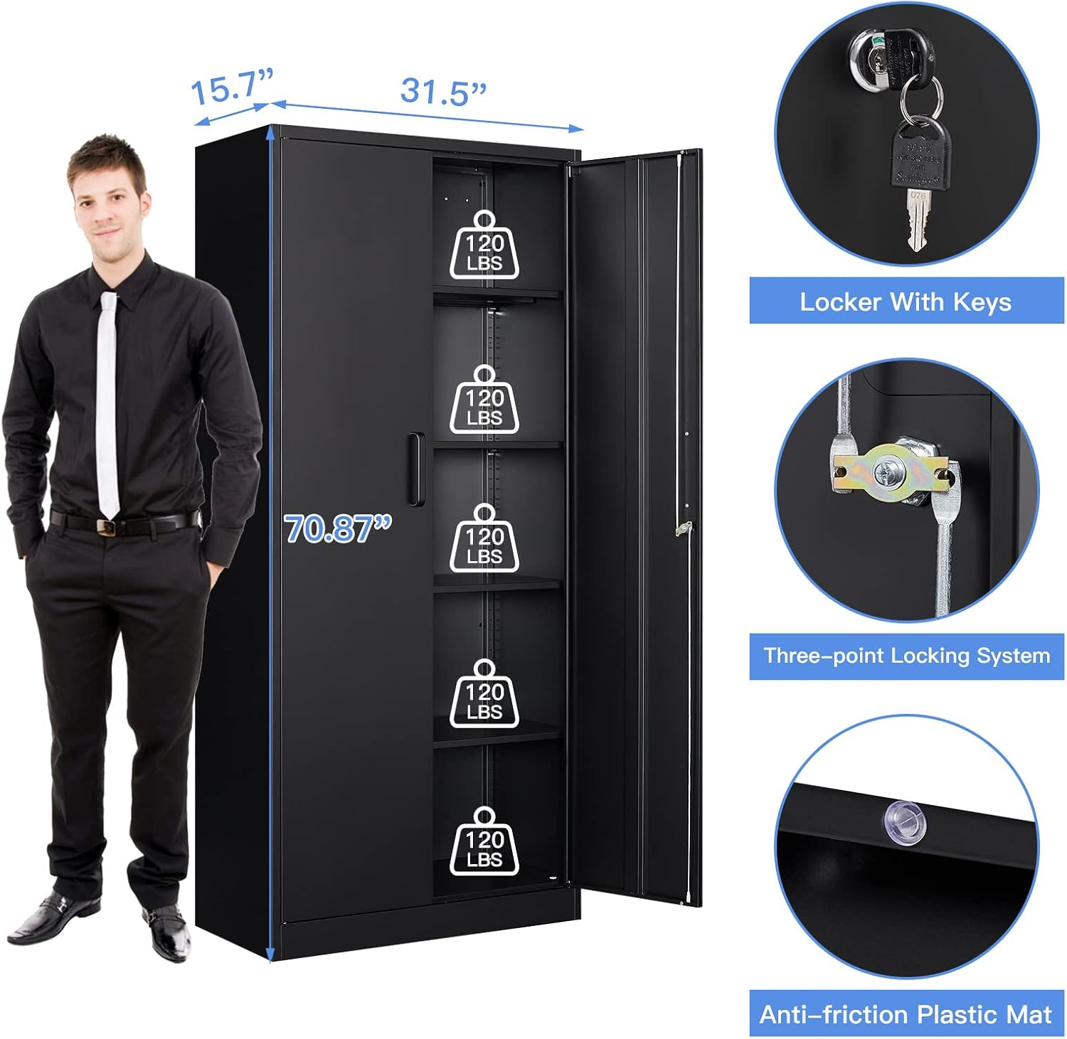 Metal Storage Cabinets with Lock, 71" Garage Storage Cabinet with 2 Door and 5 Adjustable Shelves, Steel Lockable Tool Cabinets for Home, Office, Gym, Garage