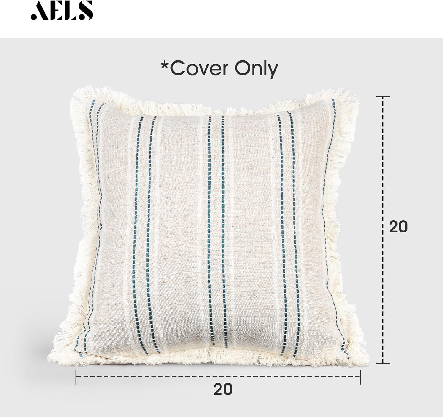 AELS 20x20 Decorative Farmhouse Linen Throw Pillow Covers with Fringe,Boho Textured Pillow Case,Set of 2,Beige with White & Navy Blue Stitch Yarn Dyed Stripe Cushion Cover for Sofa Couch (Cover ONLY)
