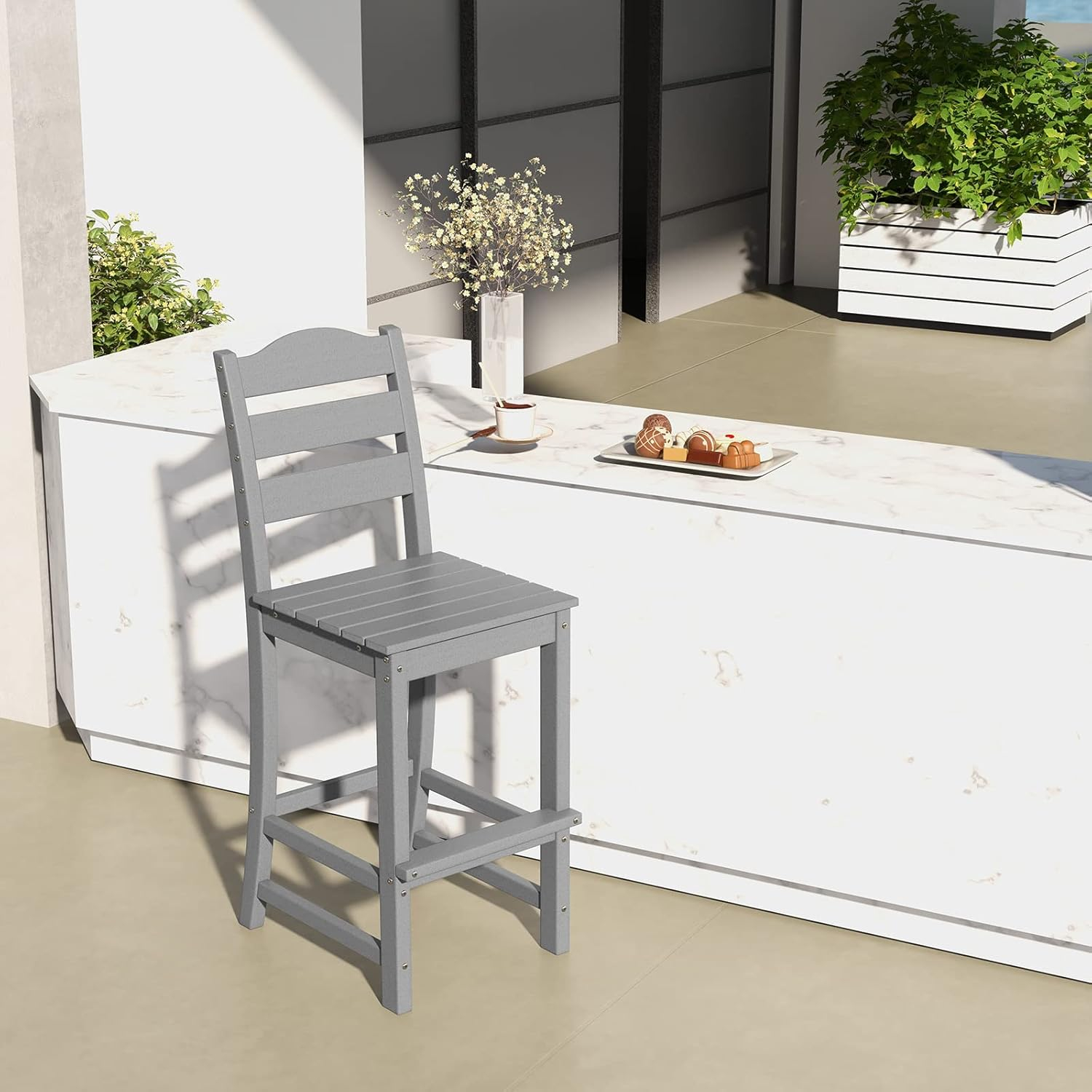 Resenkos Comfortable & Stylish Contemporary Barstool, 30 Inches Counter Height HDPE Bar Stool with Backrest and Footrest-Gray