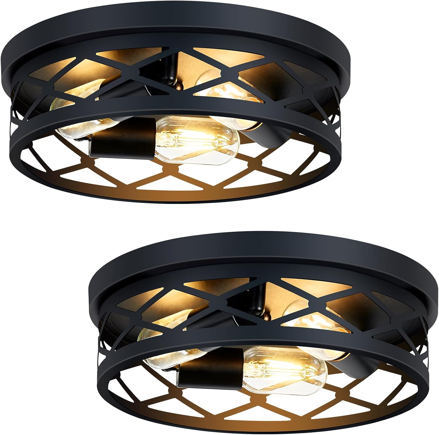 2 Pack Flush Mount Ceiling Light Fixture, Black, for Hallway, Kitchen, Farmhouse, Bedroom (13 x 13 x 3.93 inches, 2400 lumens, Dimmable, 2 Count)