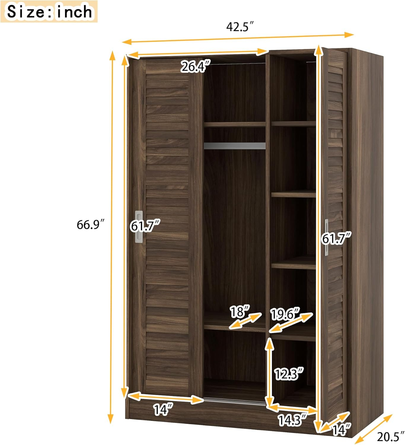 CASEMIOL 66.9" Tall Storage Cabinet Organizer with Sliding Doors, Bedroom Wardrobe Armoire Closet with Hanging Rod, Large Modern Wardrobe with Shelves for Sorting Clothes, Pants, Shirts, Walnut