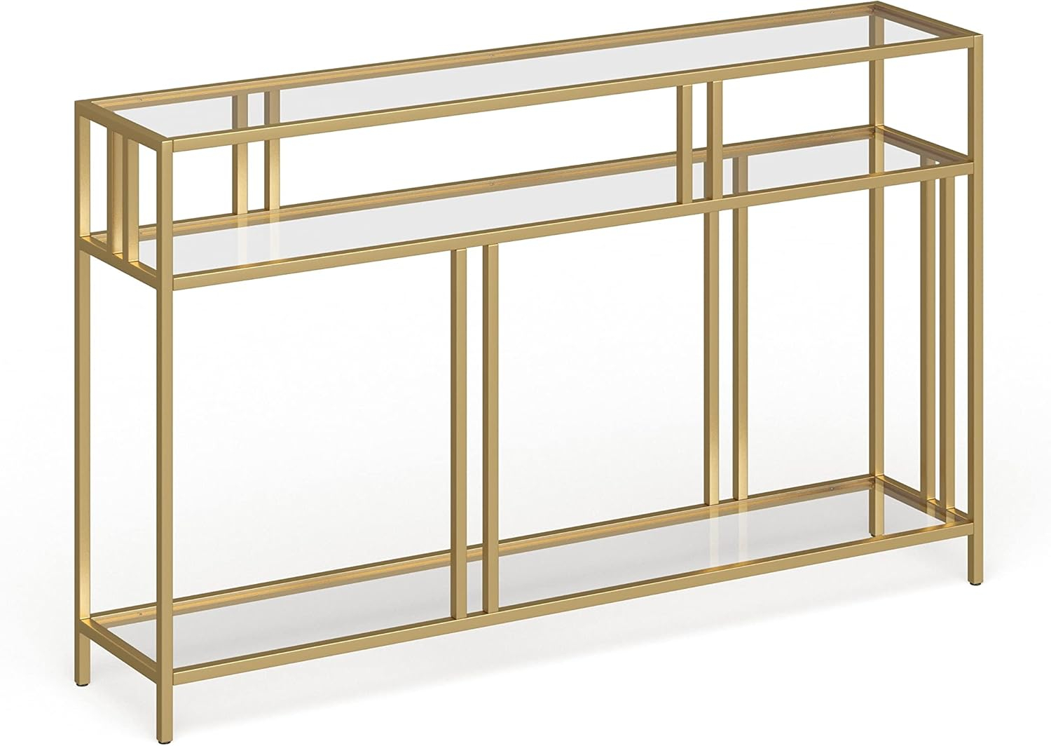 Evelyn&Zoe Cortland 48" Wide Rectangular Console Table with Glass Shelves, Brass