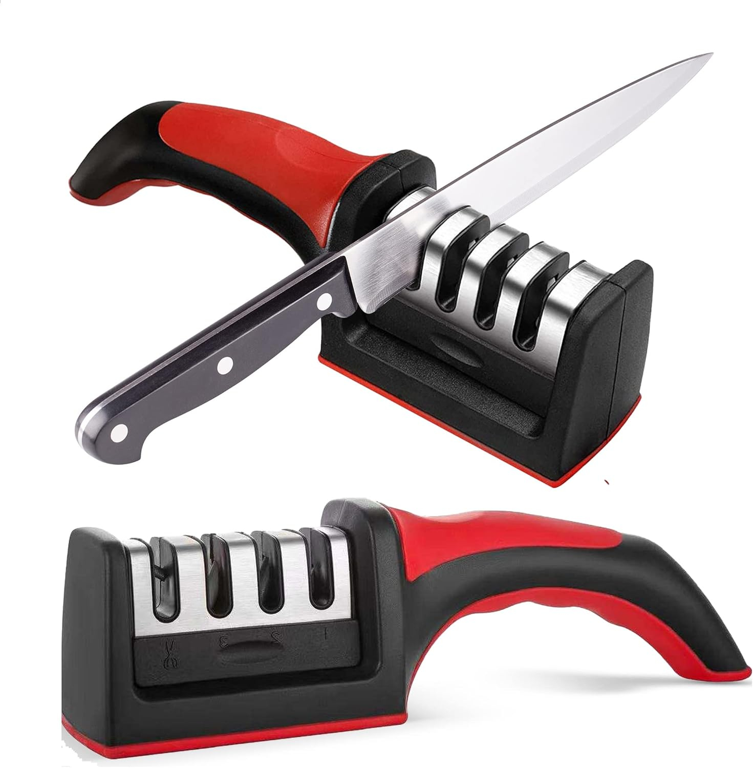 Knife Sharpeners for Kitchen Knives, Stainless Steel 4 in1 Kitchen Knife Sharpener, Ergonomic and Easy to Use Knife Sharpening Kit with 4 Stage Sharpening Slots