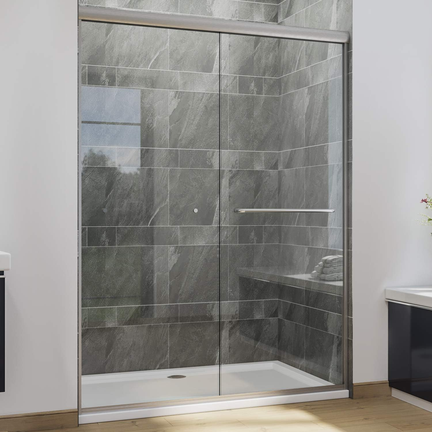 Sunny Shower Double Sliding Shower Door 54" W x 72" H in Brushed Nickel Finish