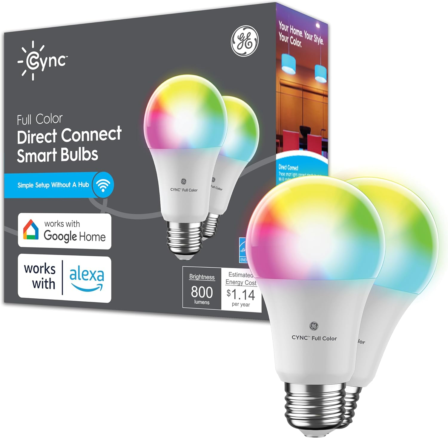 GE Cync A19 Smart LED Light Bulb, Color Changing Indoor Decor Lights, 60 Watts, Medium Base, 2pk