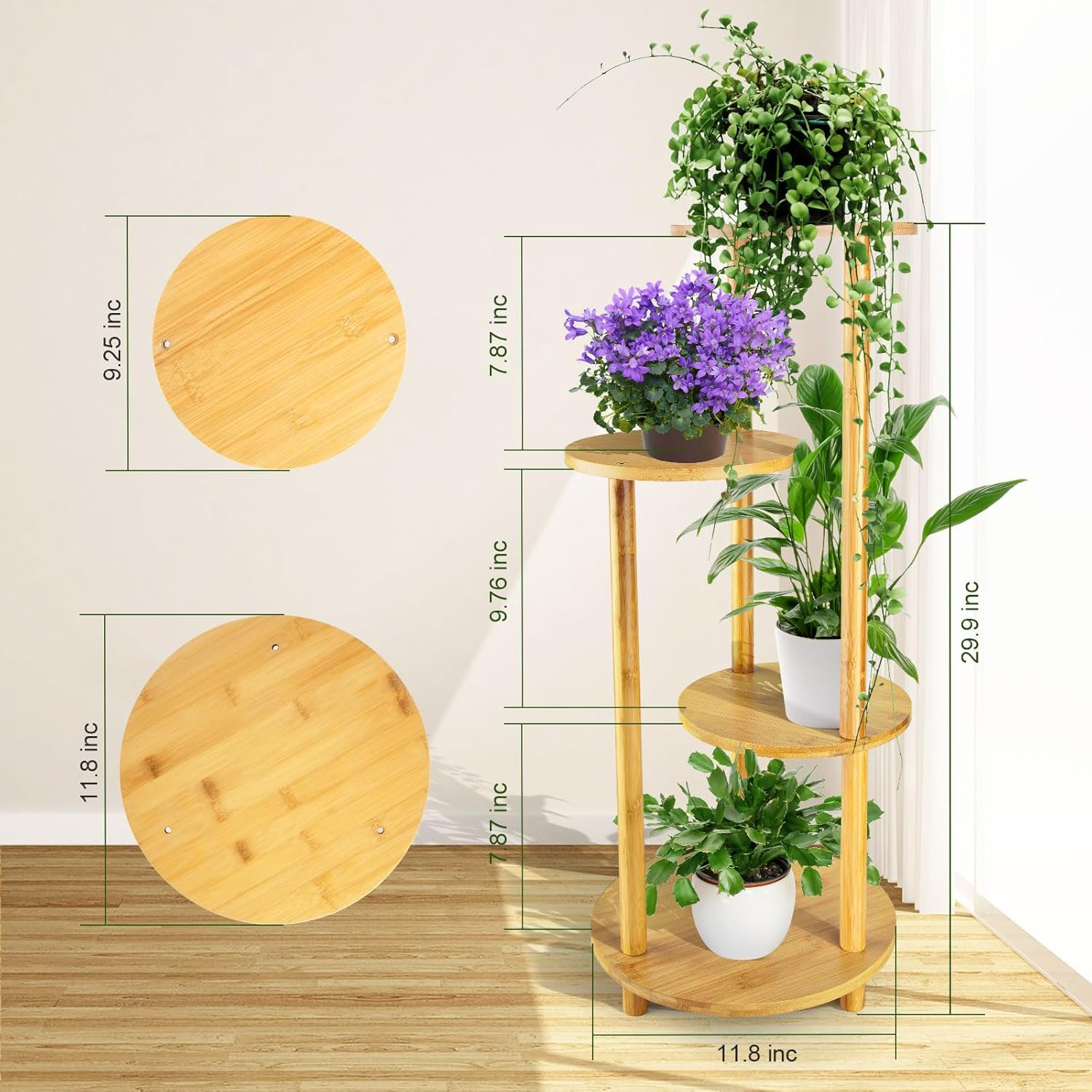 Bamboo Plant Stand Indoor, 4-Tier Planter Shelf for Multiple Plants, Tall Corner Holder for Living Room, Outdoor Display Rack for Balcony Patio, Flower Potted Stand for Office Decor