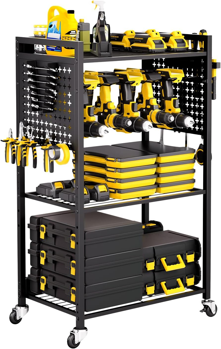 VEVOR 4-Tier Tool Organizer Cart, 150 lbs Load Capacity, Floor Stand Rolling Drill Holder and Stability Storage Rack, Heavy Duty Garage Floor Rolling Storage Cart for Workshop, Garage, Black