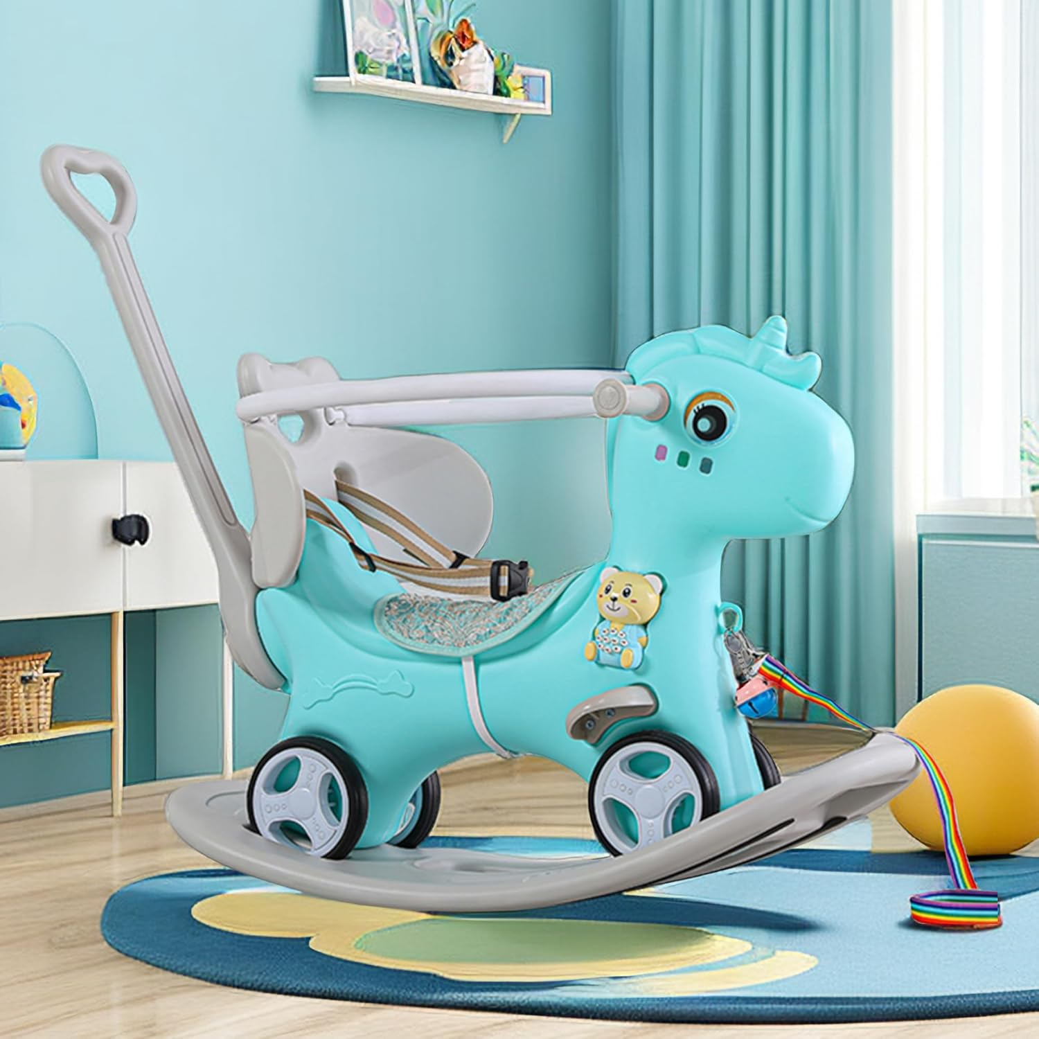MONTARY Rocking Horse for Toddlers 1-3 Years, 4 in 1 Baby Rocking Horse Toy Fun Birthday Gift, Ride on Toys for Boys with Balance Bike Push Cart Detachable Balance Board