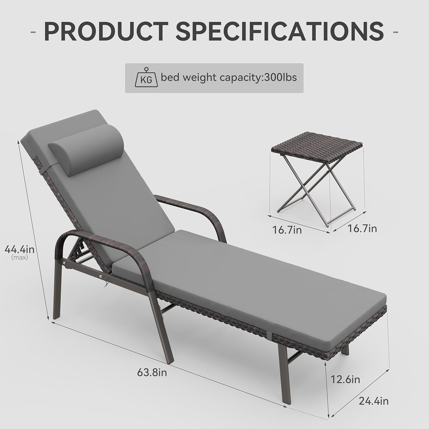 3 Pieces Patio Chaise Lounge Set Outdoor PE Rattan Armrest Lounge Chair Adjustable Backrest Reclining Chair with Folding Table and Cushion for Patio Poolside Backyard Porch Beach(Grey)