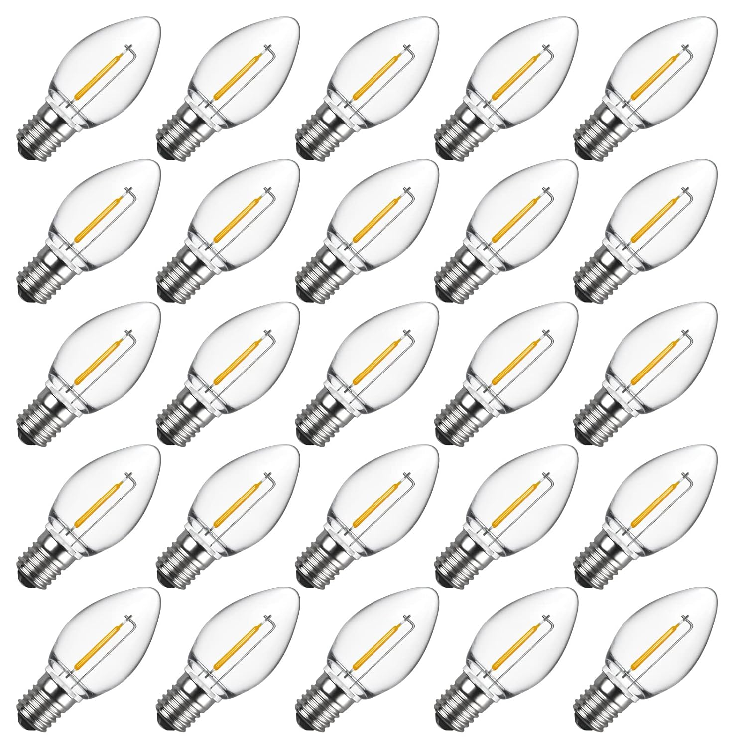 Meconard C7 LED Replacement Christmas Light Bulbs, C7 Shatterproof LED Bulbs for Christmas Indoor Outdoor String Lights, E12 Candelabra Base, Commercial Grade Holiday Bulbs, Warm White, 25 Pack
