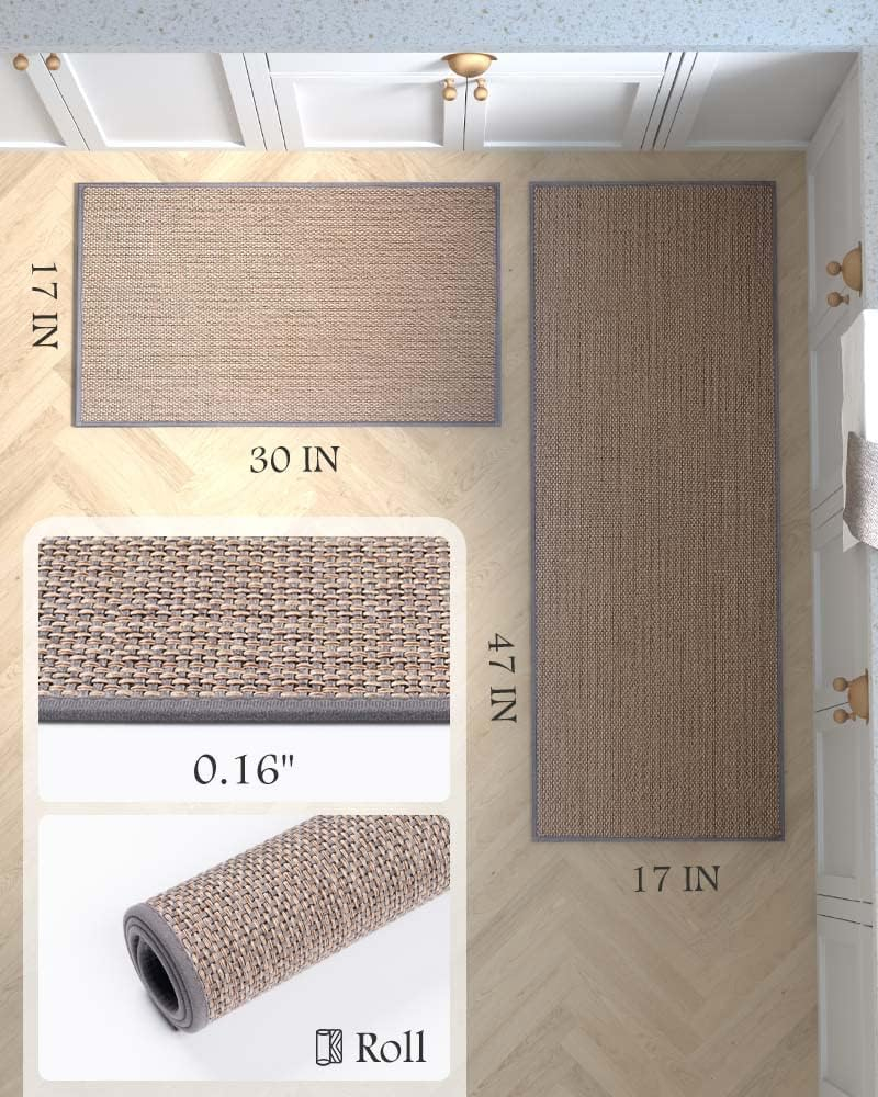 MontVoo Kitchen Rugs and Mats Washable [2 PCS] Non-Skid Natural Rubber Kitchen Mats for Floor Runner Rugs Set for Kitchen Floor Front of Sink, Hallway, Laundry Room 17"x30"+17"x47" (Granny Grey)