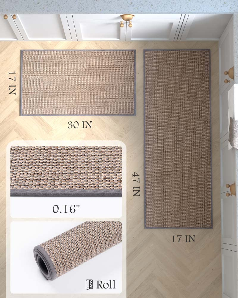MontVoo Kitchen Rugs and Mats Washable [2 PCS] Non-Skid Natural Rubber Kitchen Mats for Floor Runner Rugs Set for Kitchen Floor Front of Sink, Hallway, Laundry Room 17"x30"+17"x47" (Granny Grey)