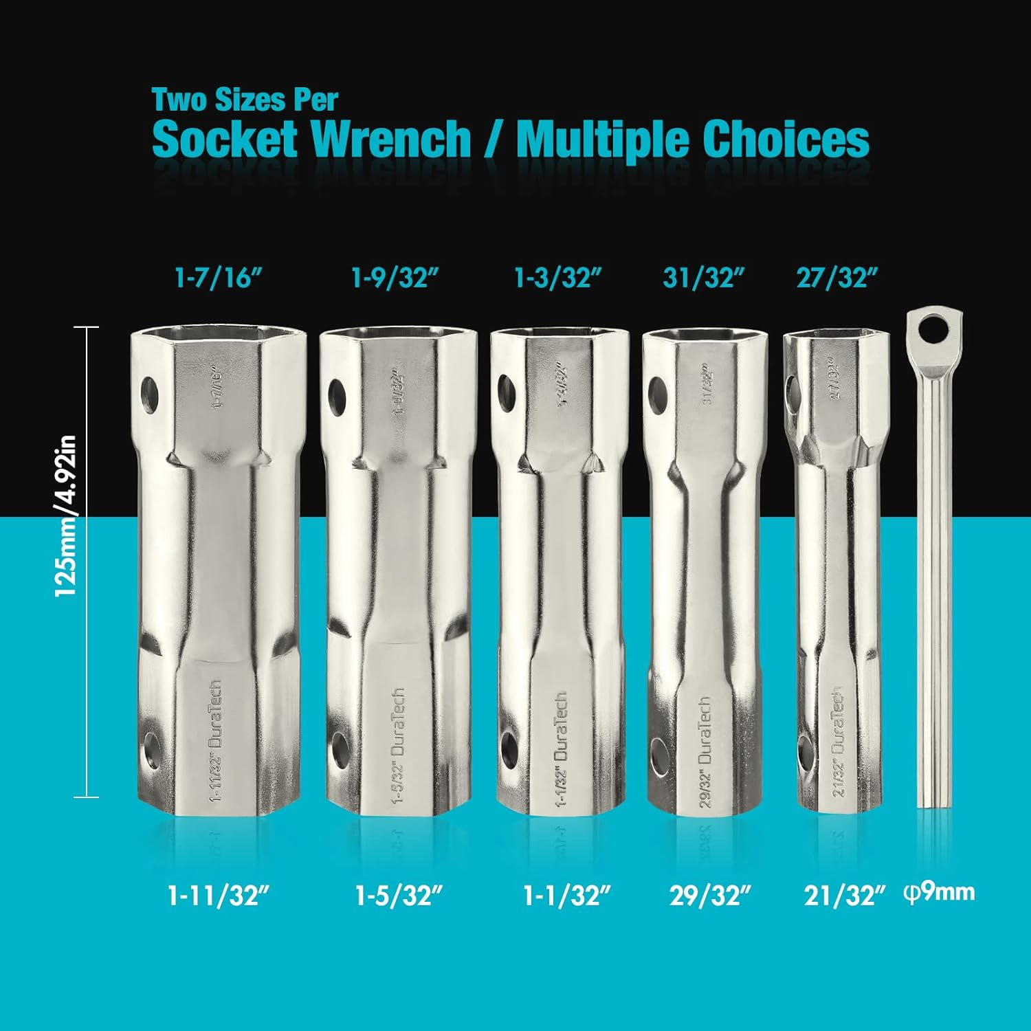 DURATECH Shower Valve Socket Wrench Set with Bar Handle for Removing Tub & Shower Valve，5-Piece, includes 21/32”x 27/32”, 29/32”x 31/32”, 1-1/32” x1-3/32”, 1-5/32”x1-9/32”, 1-11/32”x 1-7/16”