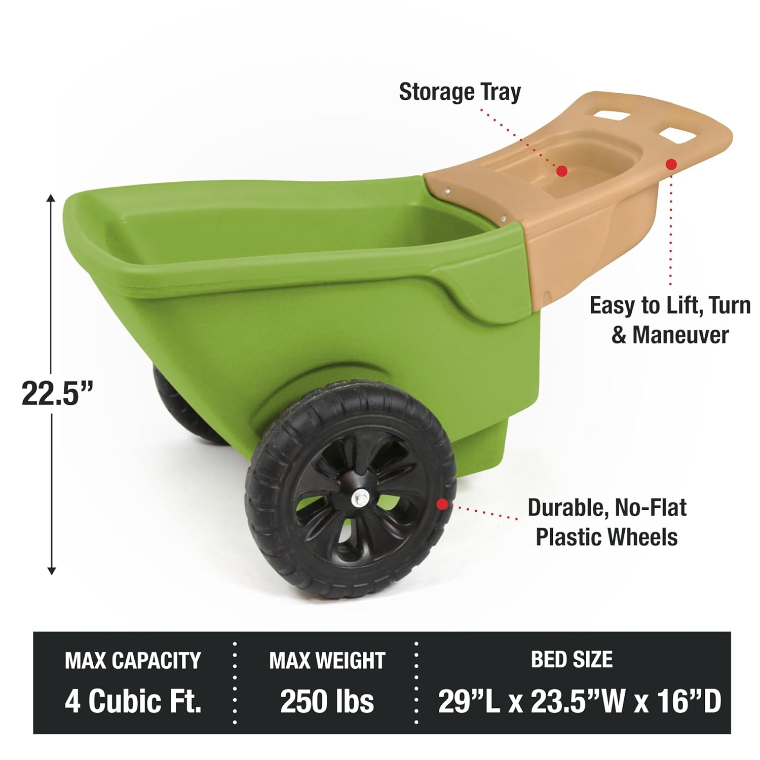 Simplay3 Easy Haul Durable Wheelbarrow with Garden Tool Storage Tray - Large Easy Turn Wheels - Gray - Made in USA