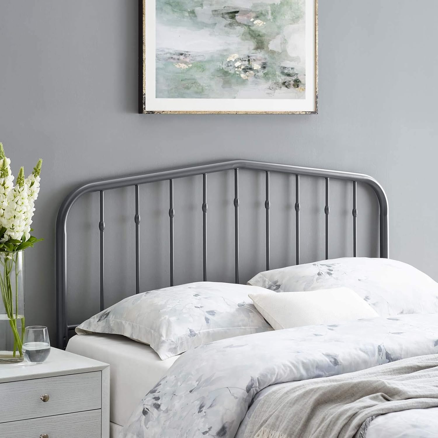 Modway Lennon Modern Farmhouse Metal Adjustable Headboard, Full Sized, Gray