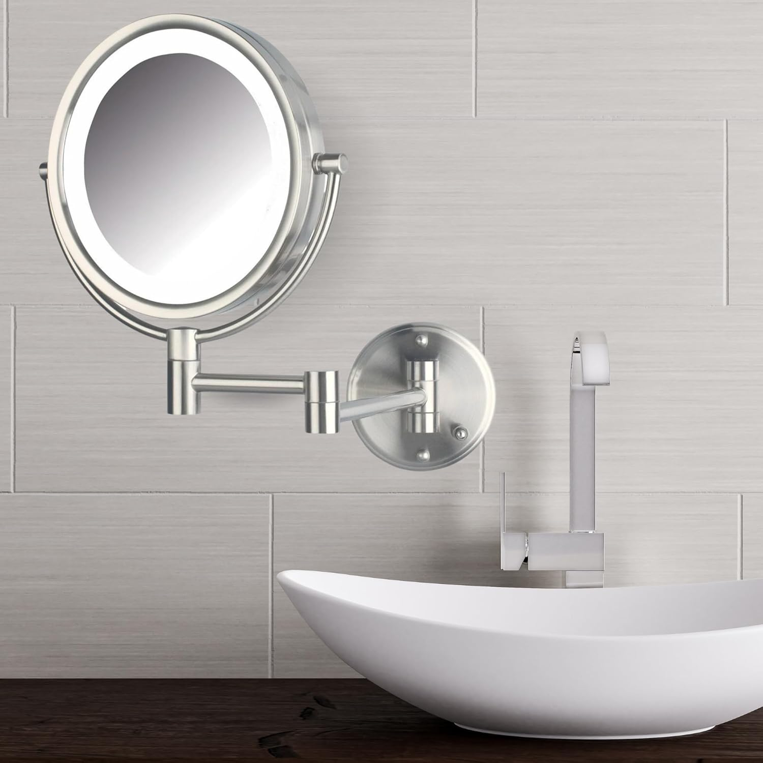 Jerdon Wall-Mounted Makeup Mirror with LED lighting - 8.5" Round Mirror Frame - 8X Magnification - Nickel Finish - Plug in - Model HL88NL