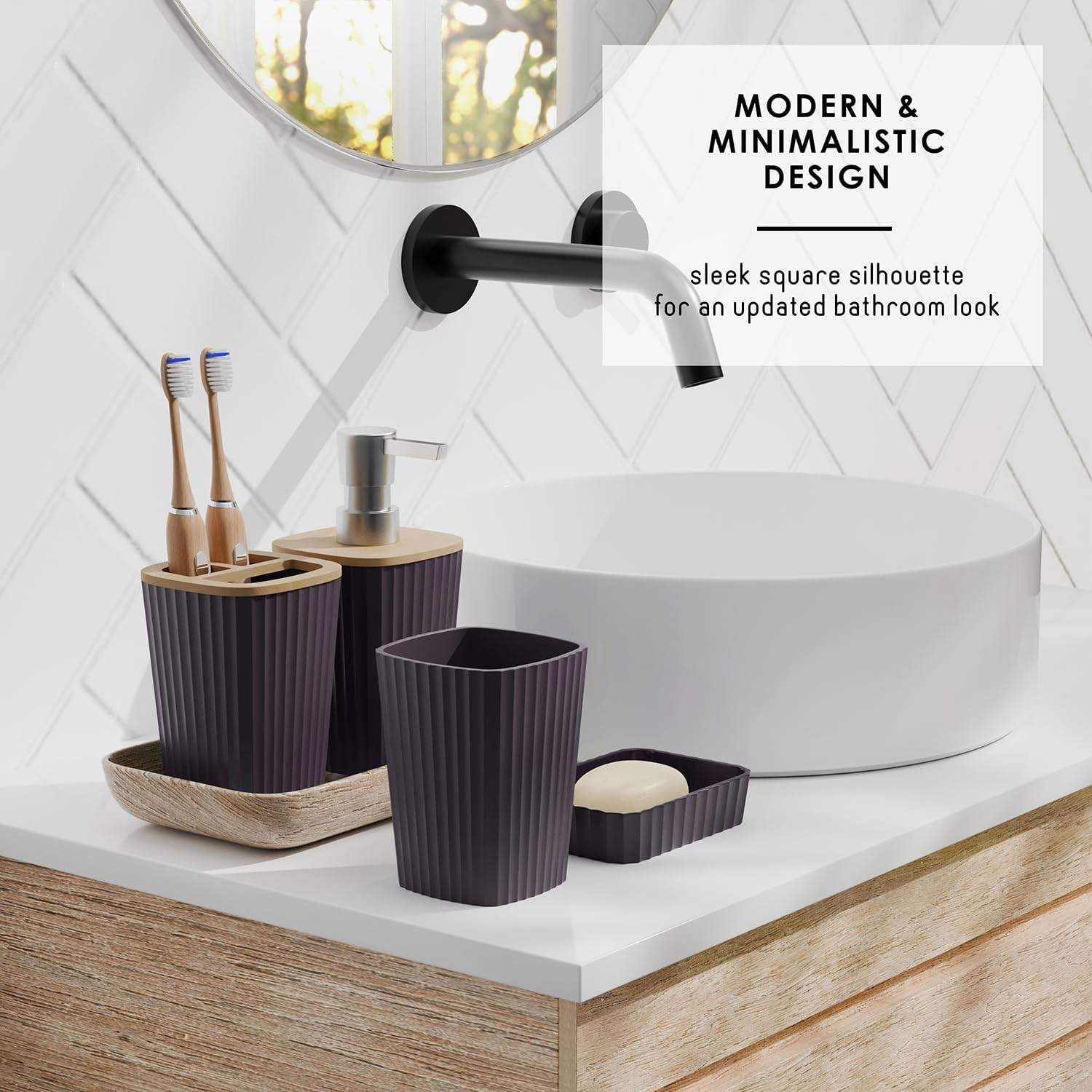 Clara Clark Bathroom Set - Purple Bathroom Accessories Set, 6PC Bathroom Accessory Set, Bathroom Sets with Toilet Brush, Trash Can & Soap Dispenser
