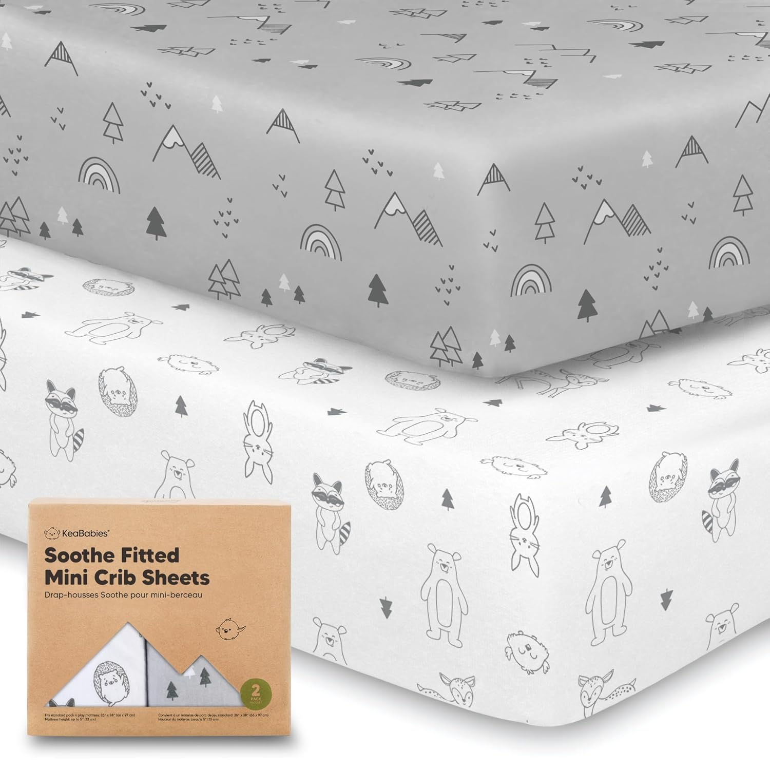 2-Pack Mini Crib Sheets Fitted - 38x26 Pack N Play Sheets for Pack and Play Mattress, Organic Cotton, Soft & Breathable Playard Bedding, Neutral Mini Toddler Bed Cover for Boys, Girls (Woodland)