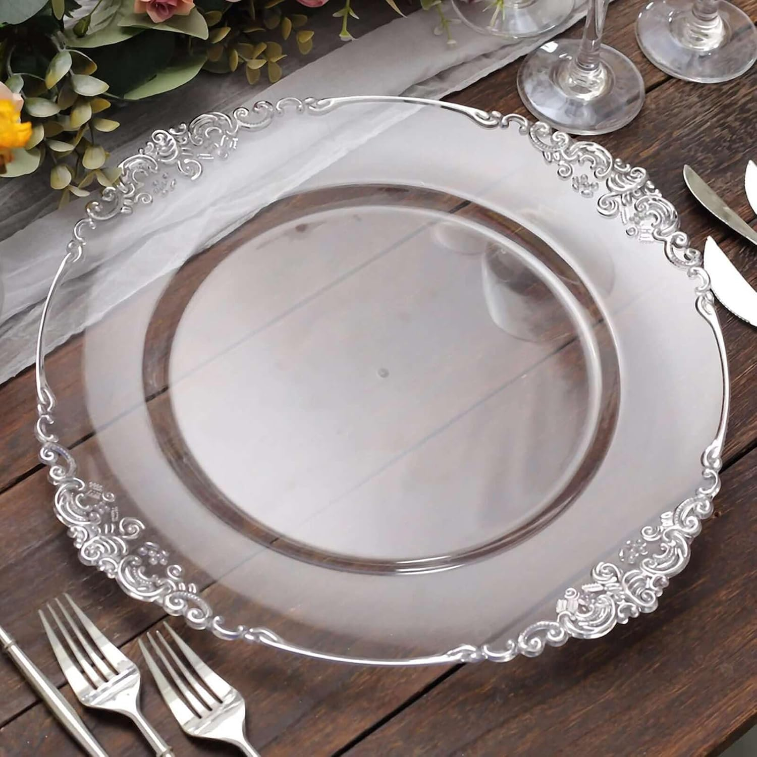 Efavormart 6 Pack Clear Silver 13" Round Baroque Charger Plates Leaf Embossed Rim for Tabletop Decor Catering Event Decoration