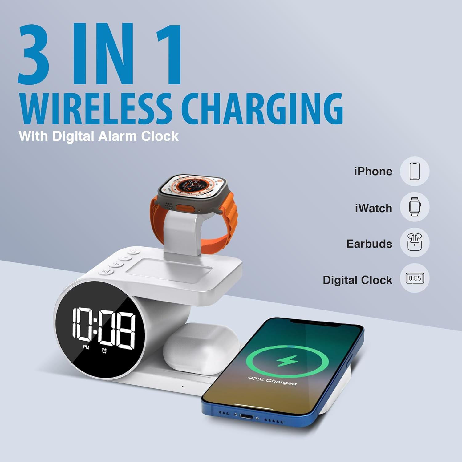 Brookstone 4-in-1 Wireless Charging Station: Stylish | Compatible for iPhone 15,14,13,12 Pro Max Series, All iWatch Series, Compatible with Airpods 3,2 Pro| Wireless Charging Station with Clock.