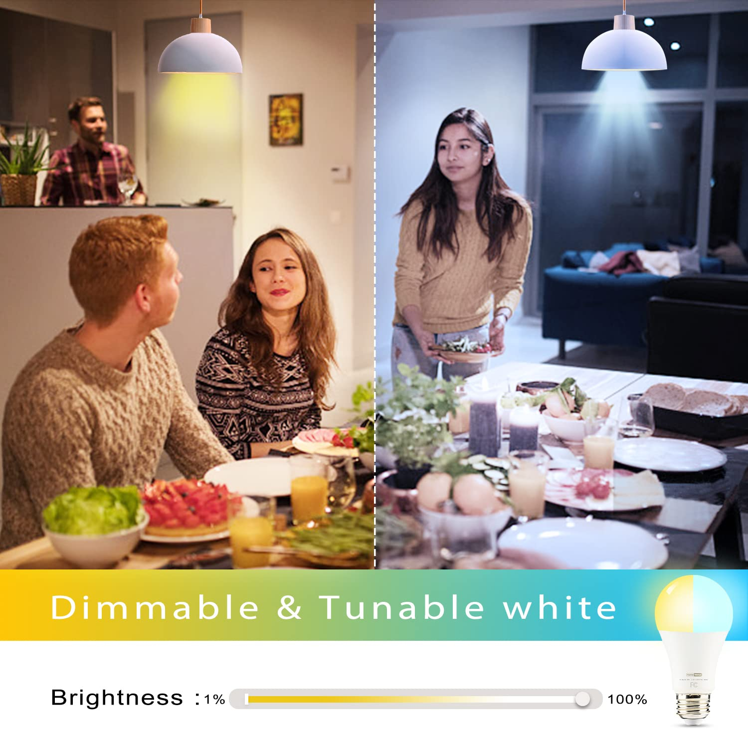Homevenus HVS Smart Light Bulbs,9W A19 E26 Dimmable Tunable Cool Warm White LED Light Bulb 2500k-6500k, APP Control 2.4GHz WiFi Bluetooth Assist Connection, Work with Alexa/Google Assistant 1 Pack