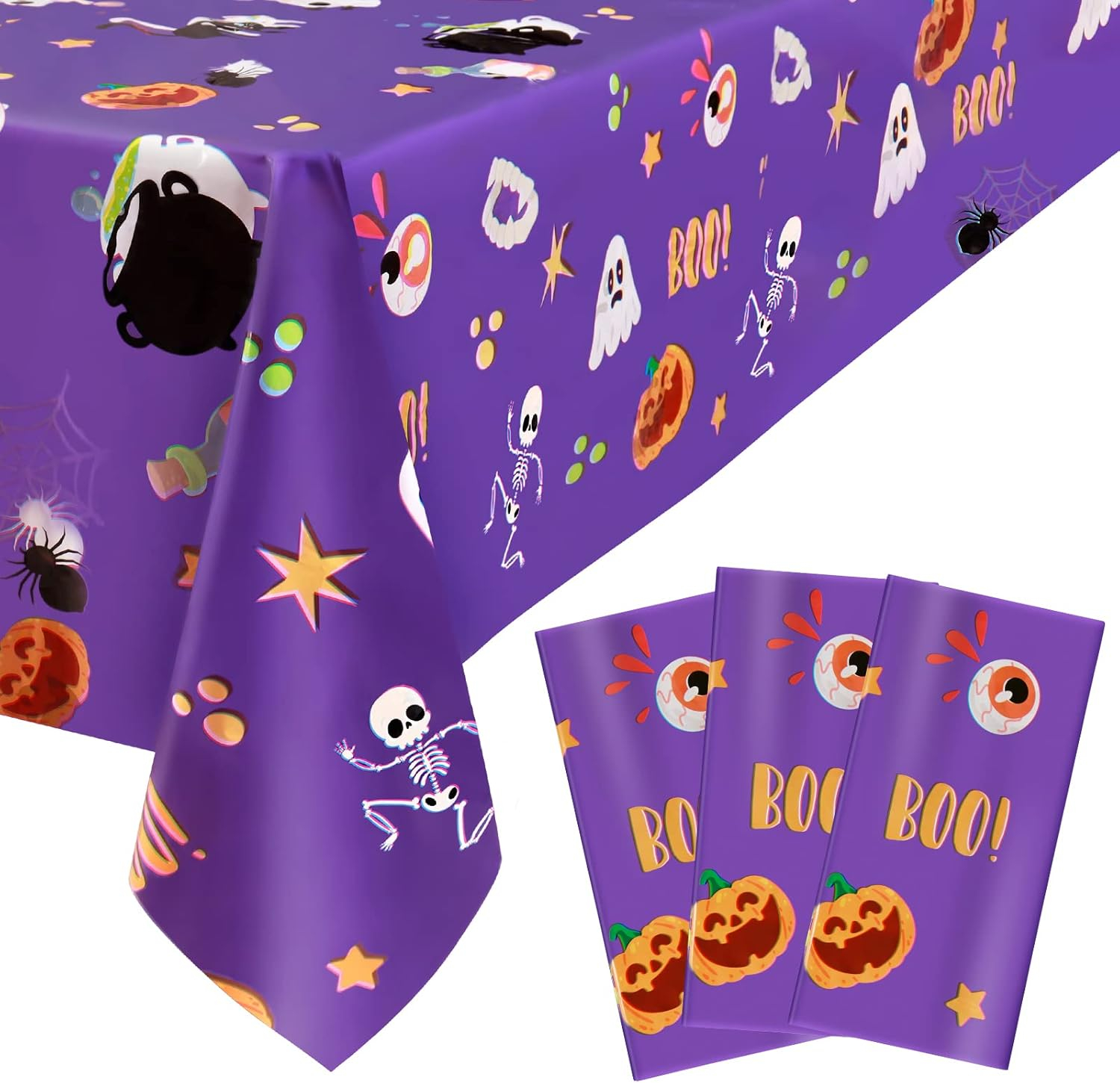 Juvale 3-Pack Halloween Table Cover for Party Supplies, Purple Disposable Plastic Tablecloth Decorations, Halloween Table Decorations for Themed Parties, Birthday Celebrations and More (54 x 108 In)