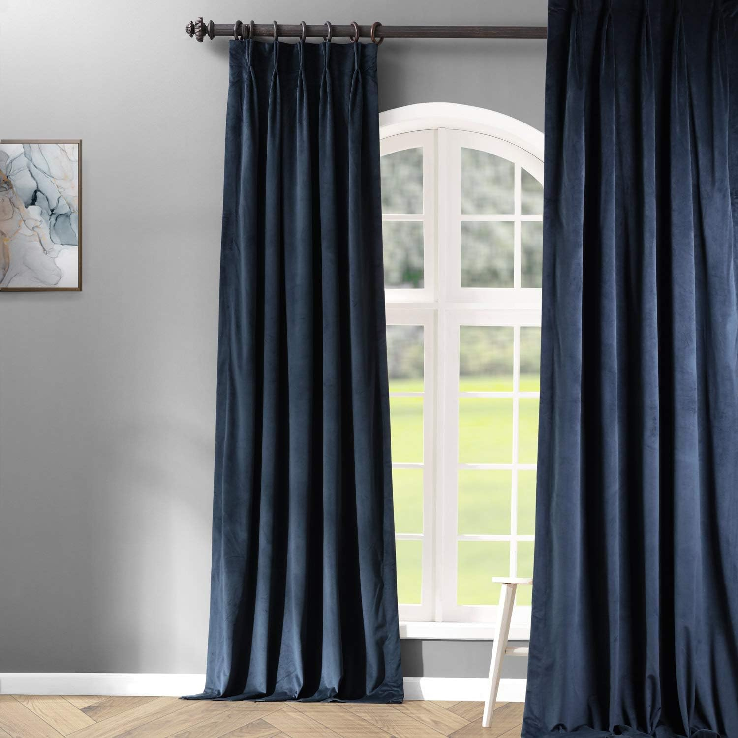 Half Price Drapes Signature Midnight Blue French Pleat Velvet Blackout Curtains(1 Panel), 50WX 96L