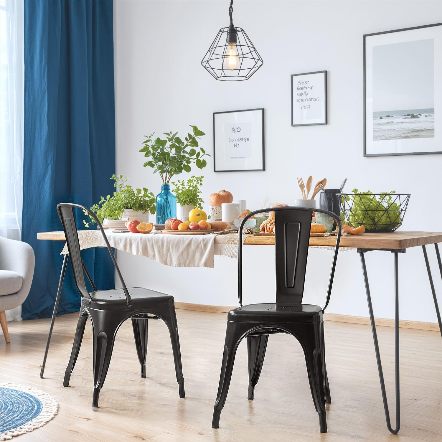 JUMMICO Metal Dining Chair Stackable Indoor Outdoor Industrial Vintage Chairs Bistro Kitchen Cafe Side Chairs with Back Set of 4 (Black)